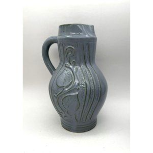 Vtg. USA Blue Stoneware Pitcher with Leaf Design